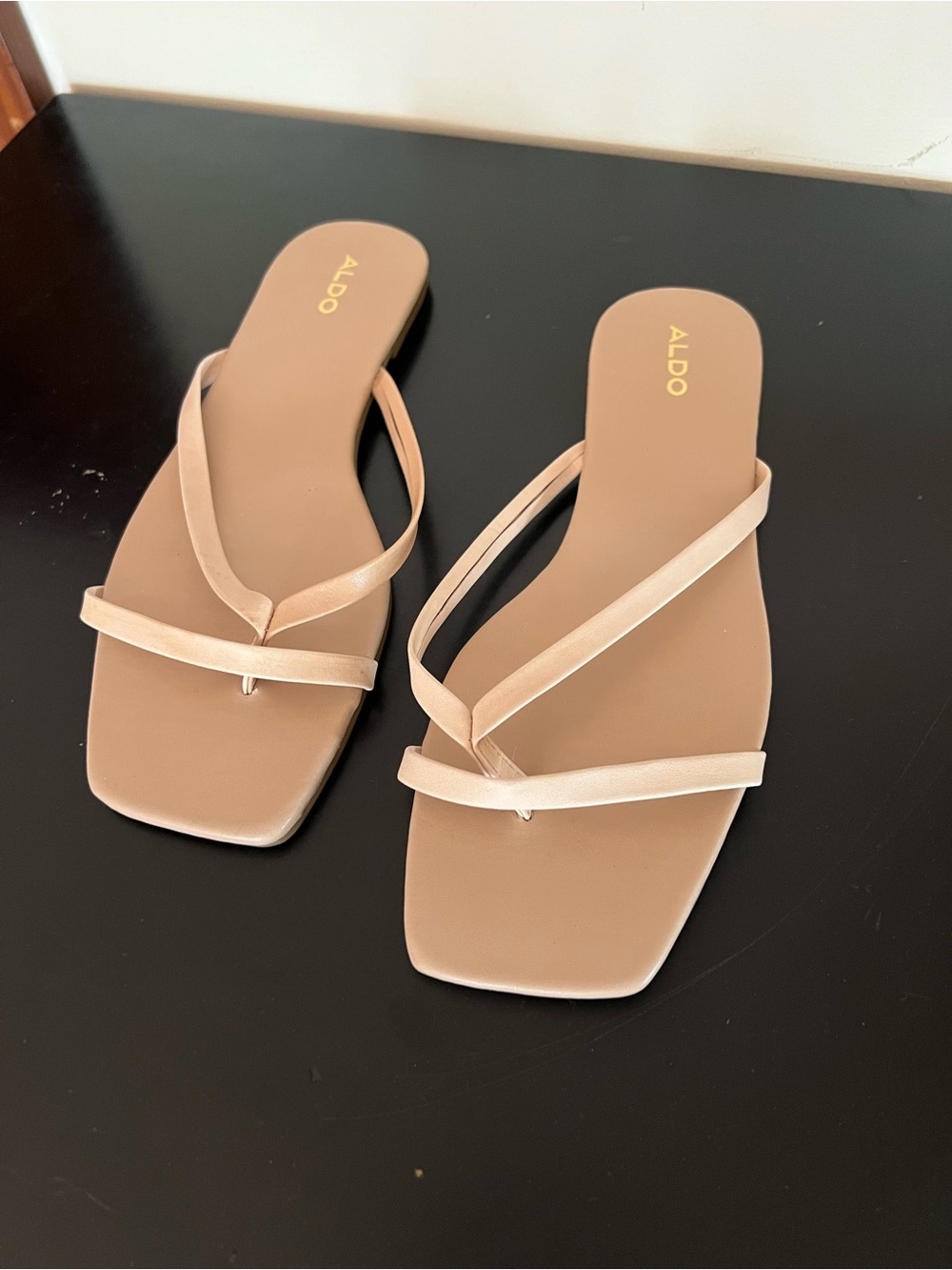ALDO nude beige strappy square-toe slide sandals, Size 9